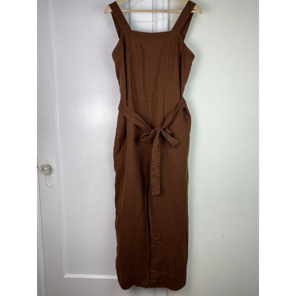 Quince Women's L Chocolate Brown European Linen Square Neck Belted Jumpsuit - Picture 4 of 10
